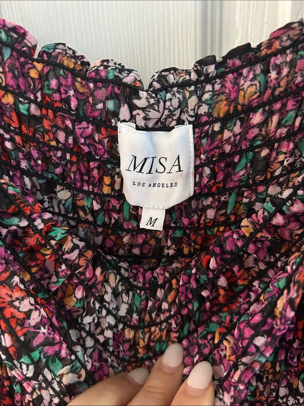 MISA Los Angeles Floral Smocked Top - Pink Multi off-shoulder.
